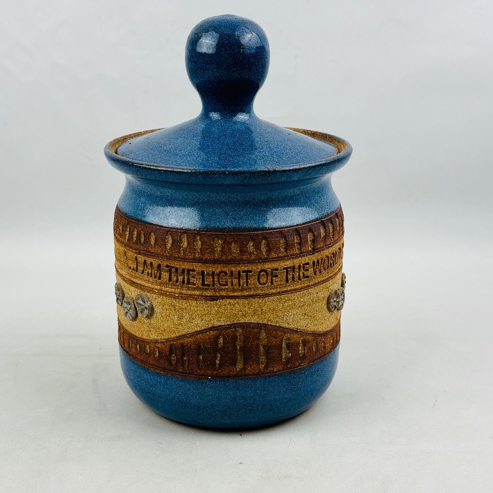 Down to Earth Pottery Canister Blue Stoneware‎ The Light Of The World John 9:5